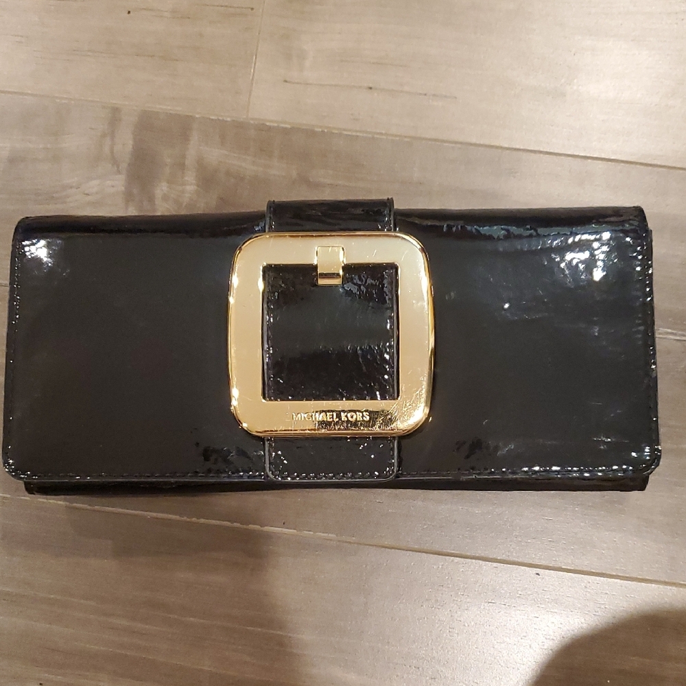 Michael Kors Glossy Black Clutch with Gold Accent
